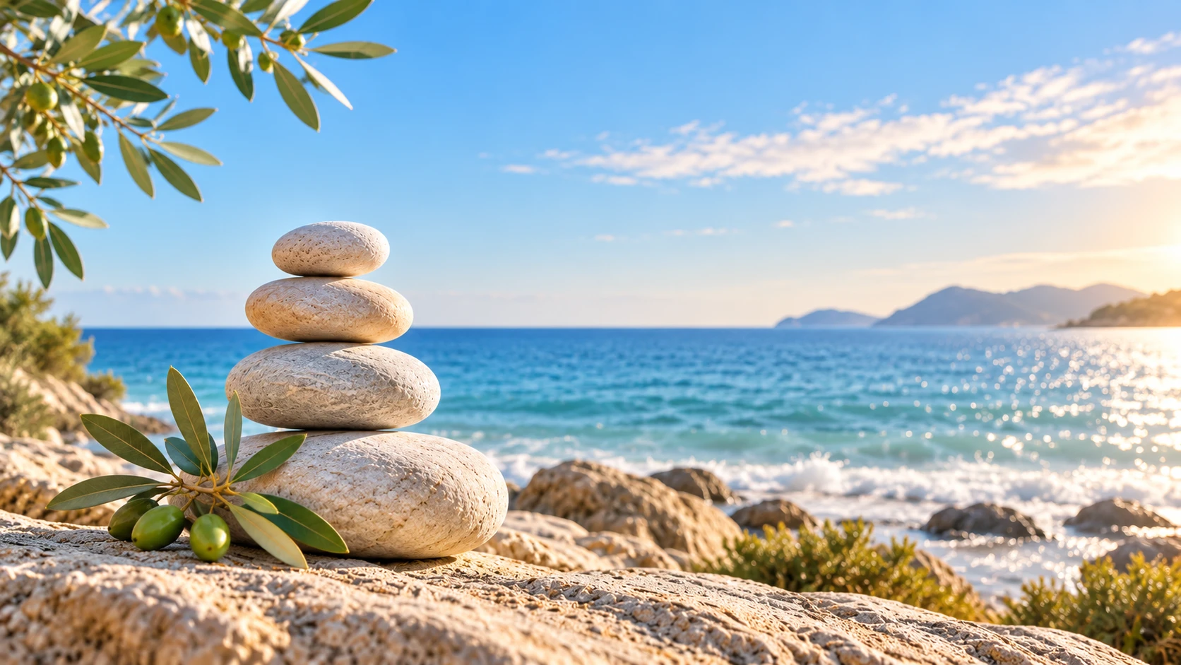 Homepage bottom picture. (optimized WebP) Balanced stone cairn by the sea with olive branches, symbolizing calm, balance, and whole-person well-being.