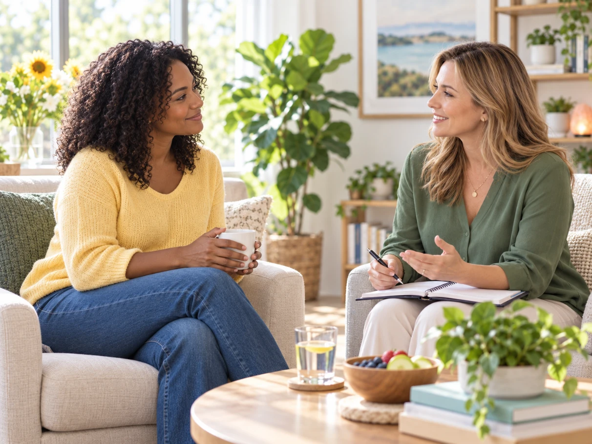 Two women in conversation in a bright room, one holding a mug and the other a notebook