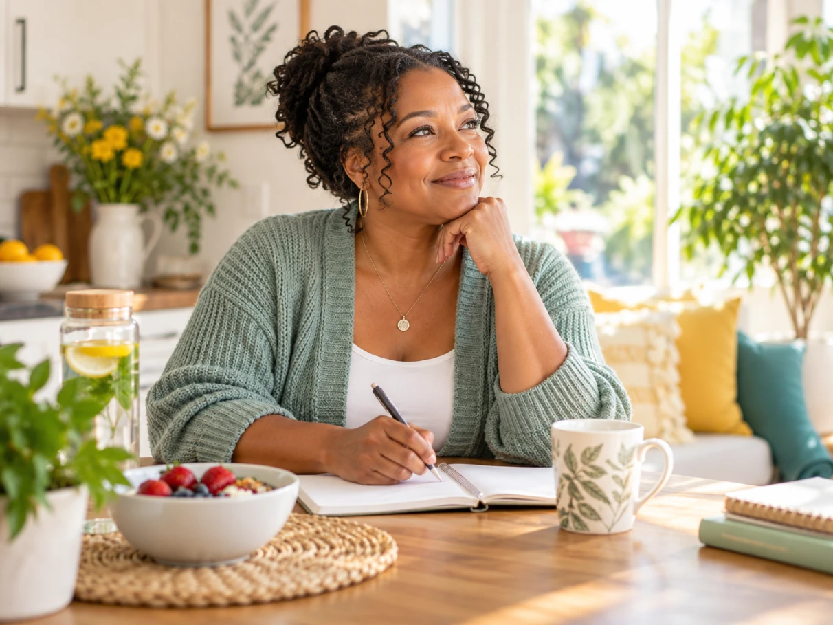 Woman journaling at a sunlit table with strawberries, a mug, and lemon water
