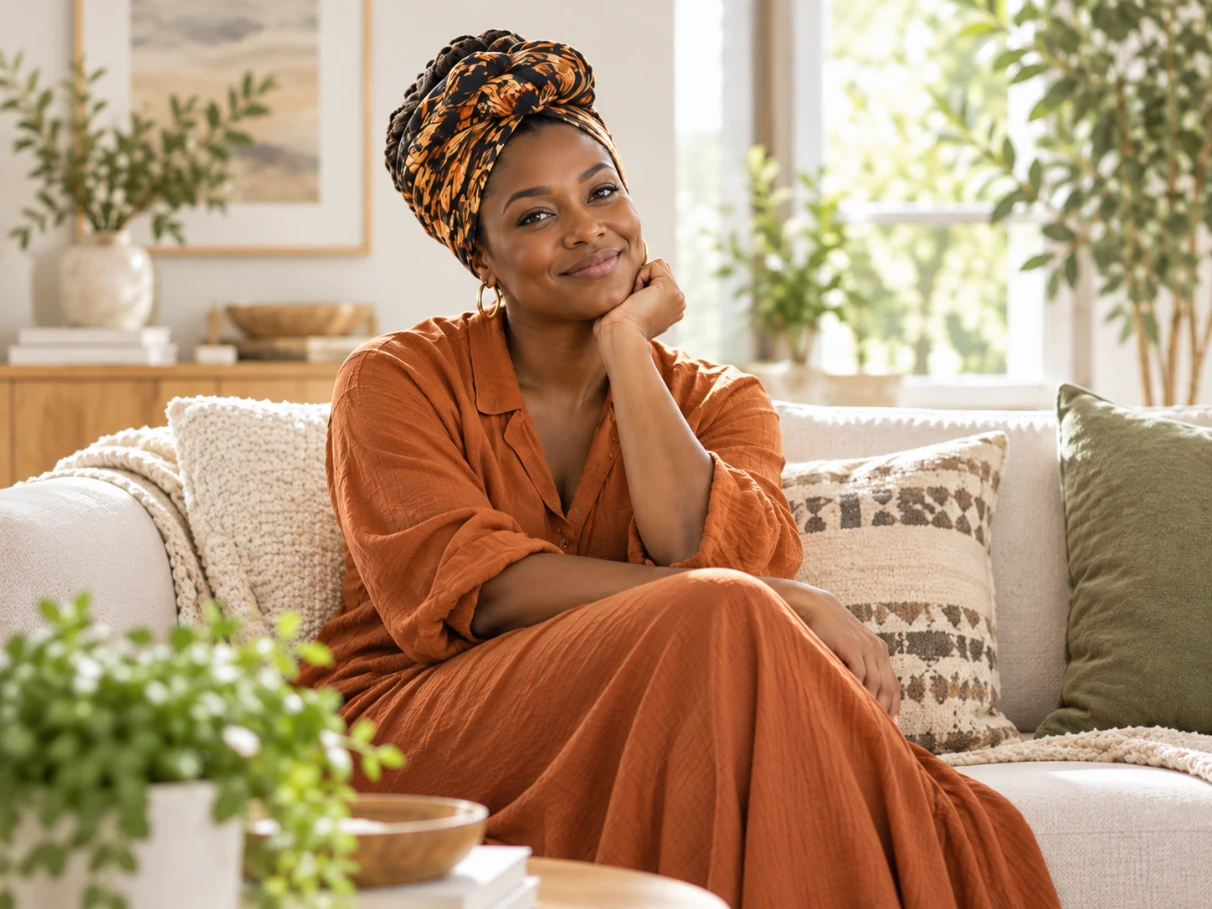 Woman in a rust-colored outfit and patterned headwrap relaxing on a sofa in a bright room